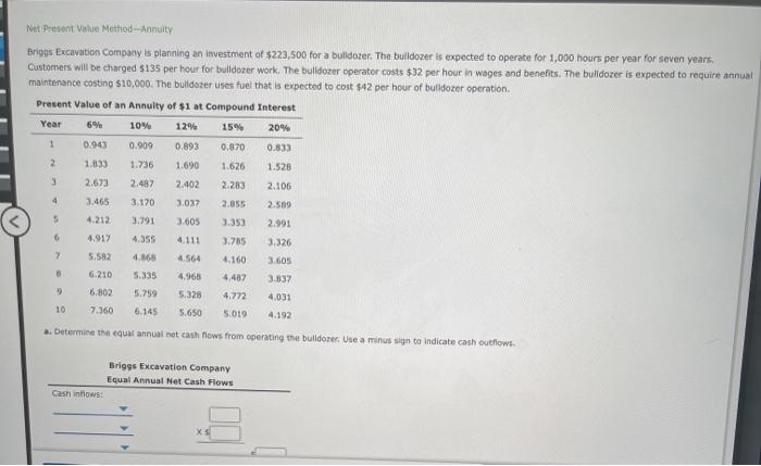  1 Net Prevent Value Method - Annuity Briggs Excavation Company is