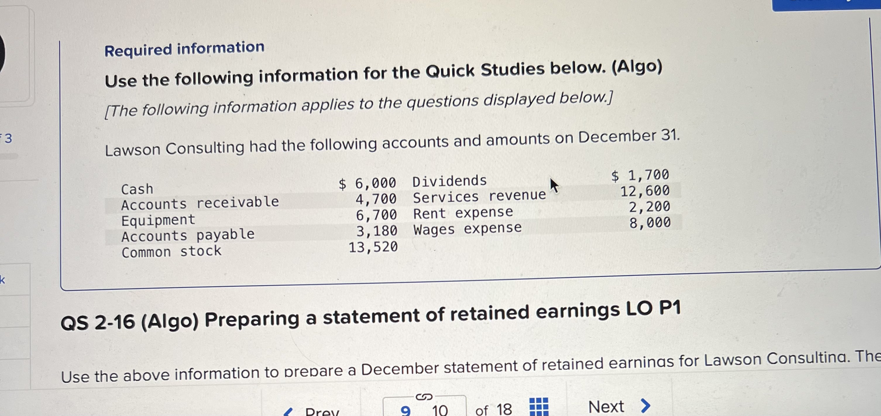 Required information Use the following information for the Quick Studies below.
