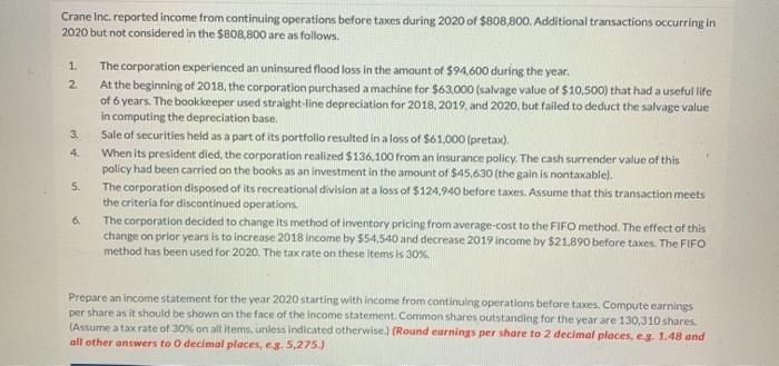  1. 2 Crane Inc. reported income from continuing operations before taxes