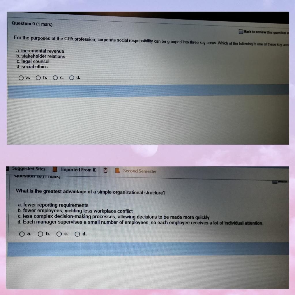  Question 9 (1 mark) Mark to review this question For the