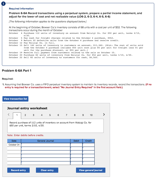  Required information Problem 6-6A Record transactions using a perpetual system, prepare