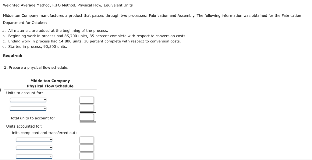  Weighted Average Method, FIFO Method, Physical Flow, Equivalent Units Middelton Company
