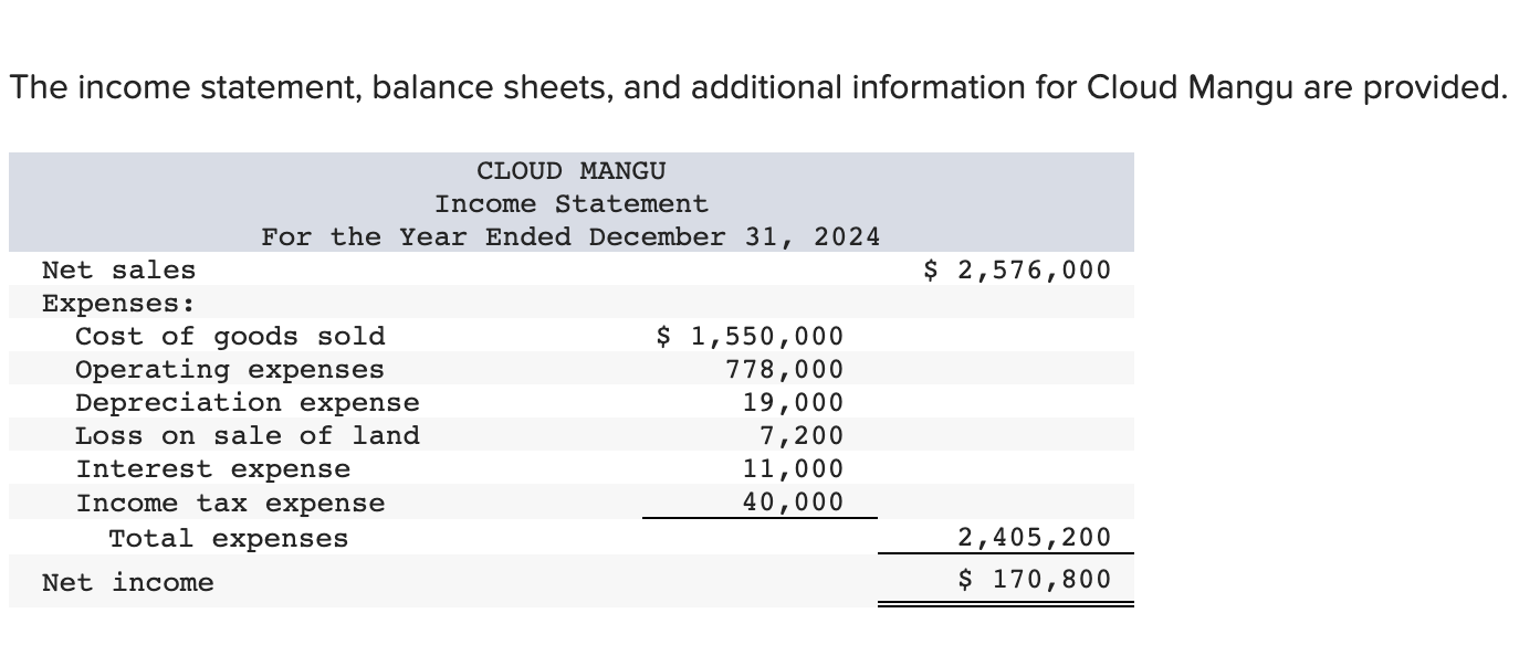 The income statement, balance sheets, and additional information for Cloud Mangu