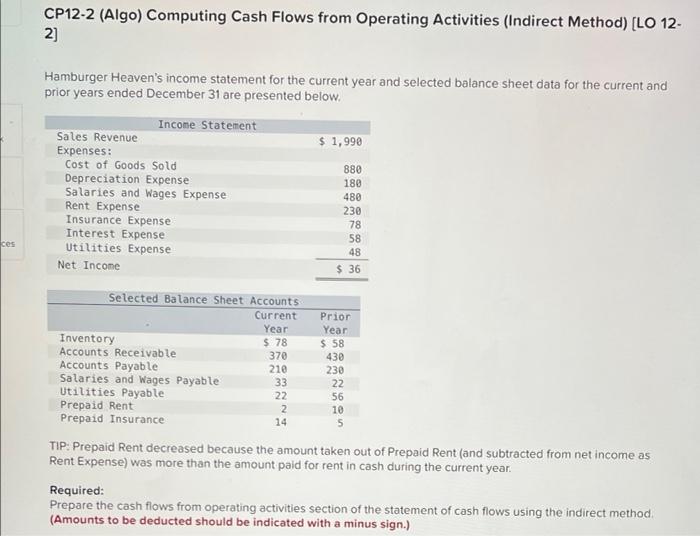  CP12-2 (Algo) Computing Cash Flows from Operating Activities (Indirect Method) [LO
