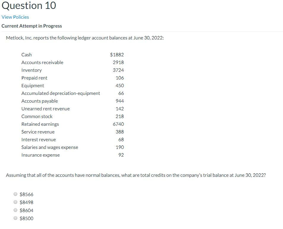 Question 10 View Policies Current Attempt in Progress Metlock, Inc. reports