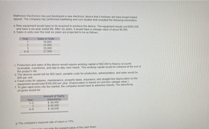  Matheson Electronics has just developed a new electronic device that is