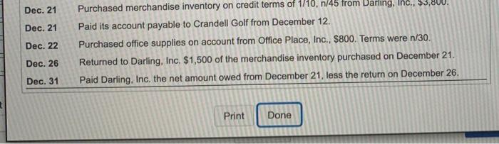 to view the accounts.) Question Help Transactions in December that affected purchases