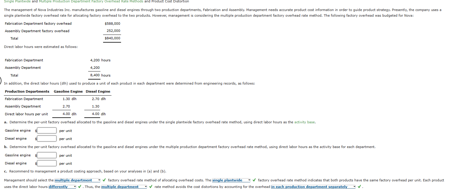 Multiple uctlon Department Factory Overhead ods and The management of Nova Industries