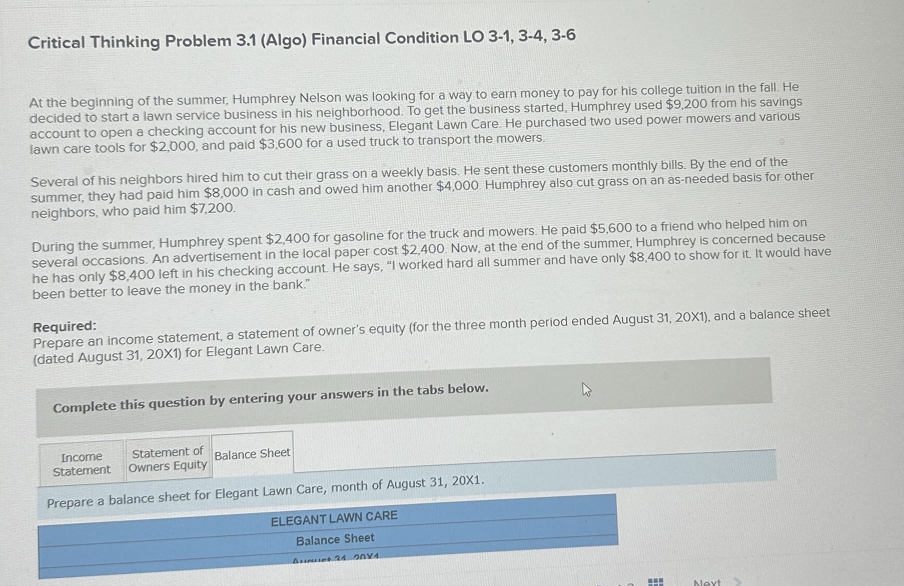  Critical Thinking Problem 3.1(Algo) Financial Condition LO 3-1,3-4,3-6 At the beginning