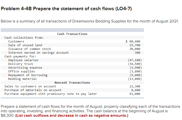  Problem 4-4B Prepare the statement of cash flows (L04-7) Below is
