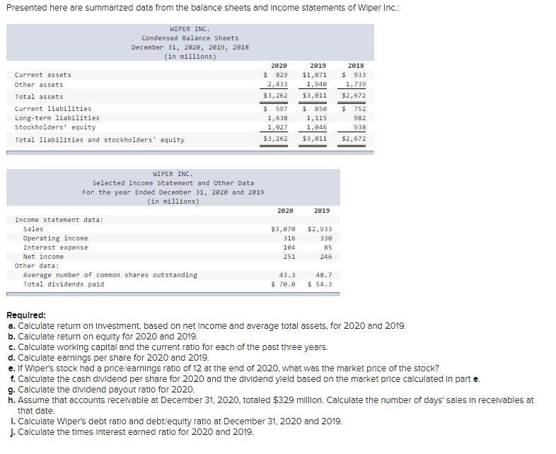 Please solve a-j Presented here are summarized data from the balance
