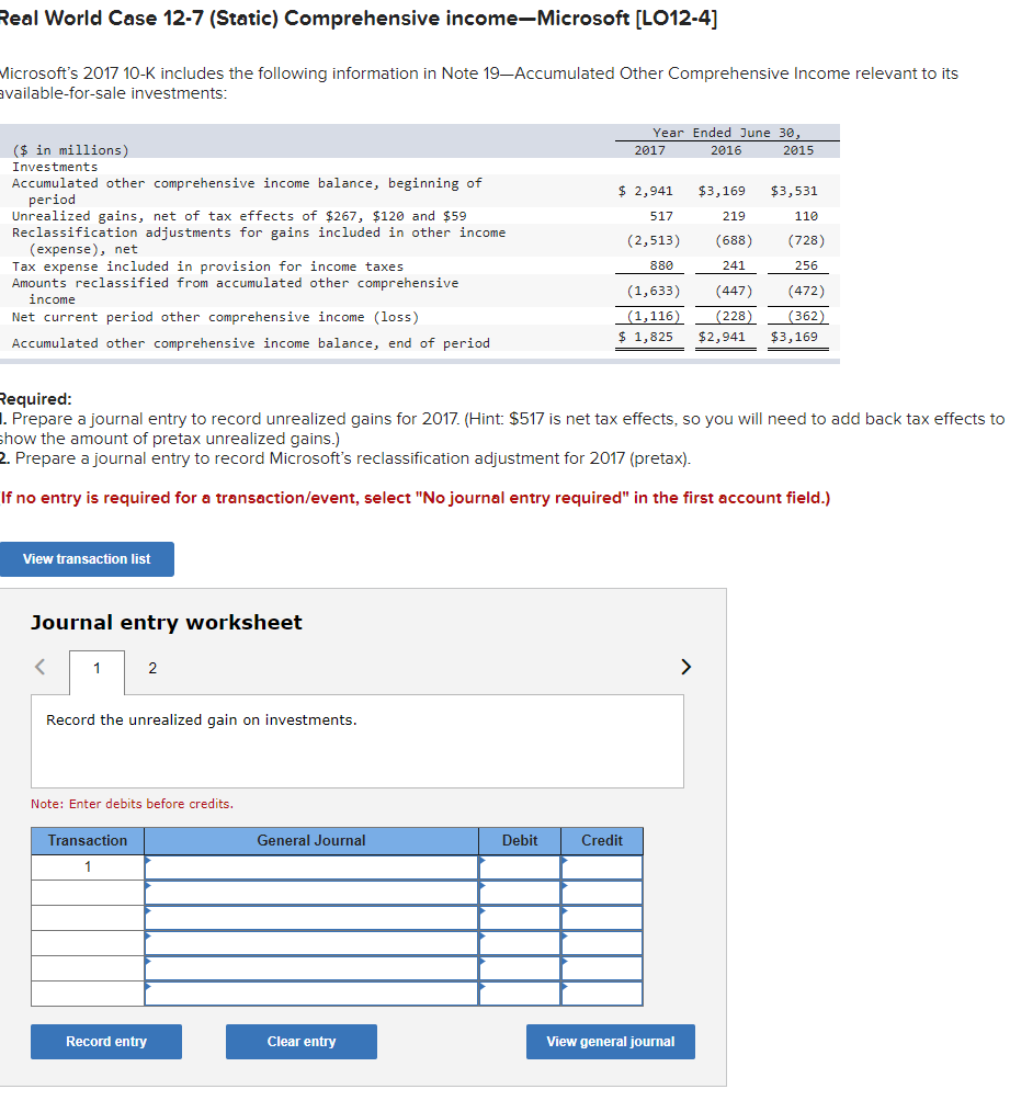  Real World Case 12-7 (Static) Comprehensive income-Microsoft [LO12-4] Microsoft's 2017 10-K