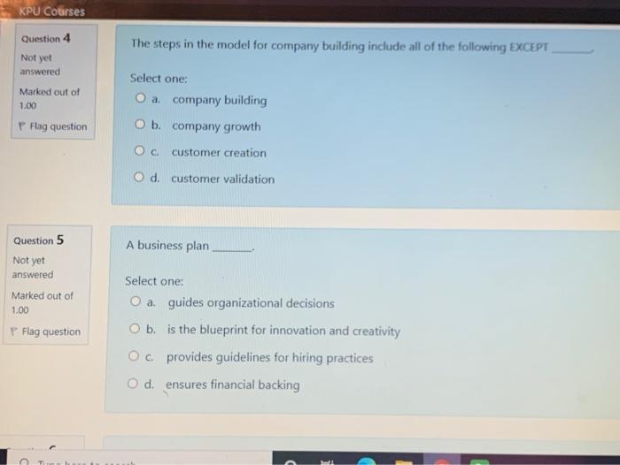  KPU Courses Question 4 The steps in the model for company