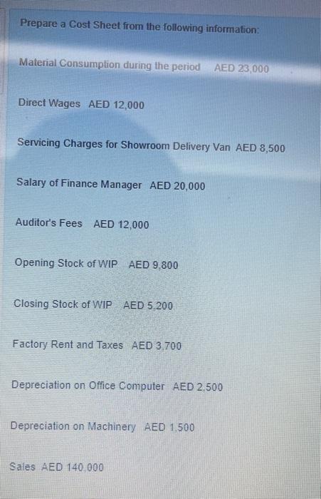 all items hould be ther Prepare a Cost Sheet from the following