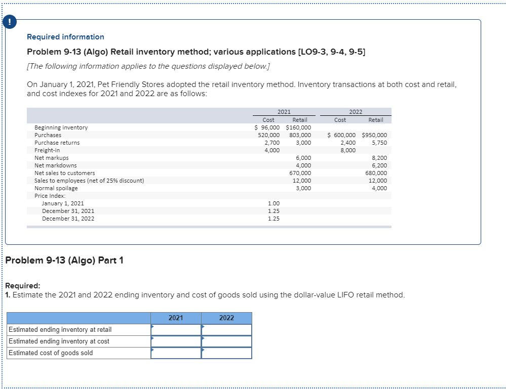  Required information Problem 9-13 (Algo) Retail inventory method; various applications [LO9-3,