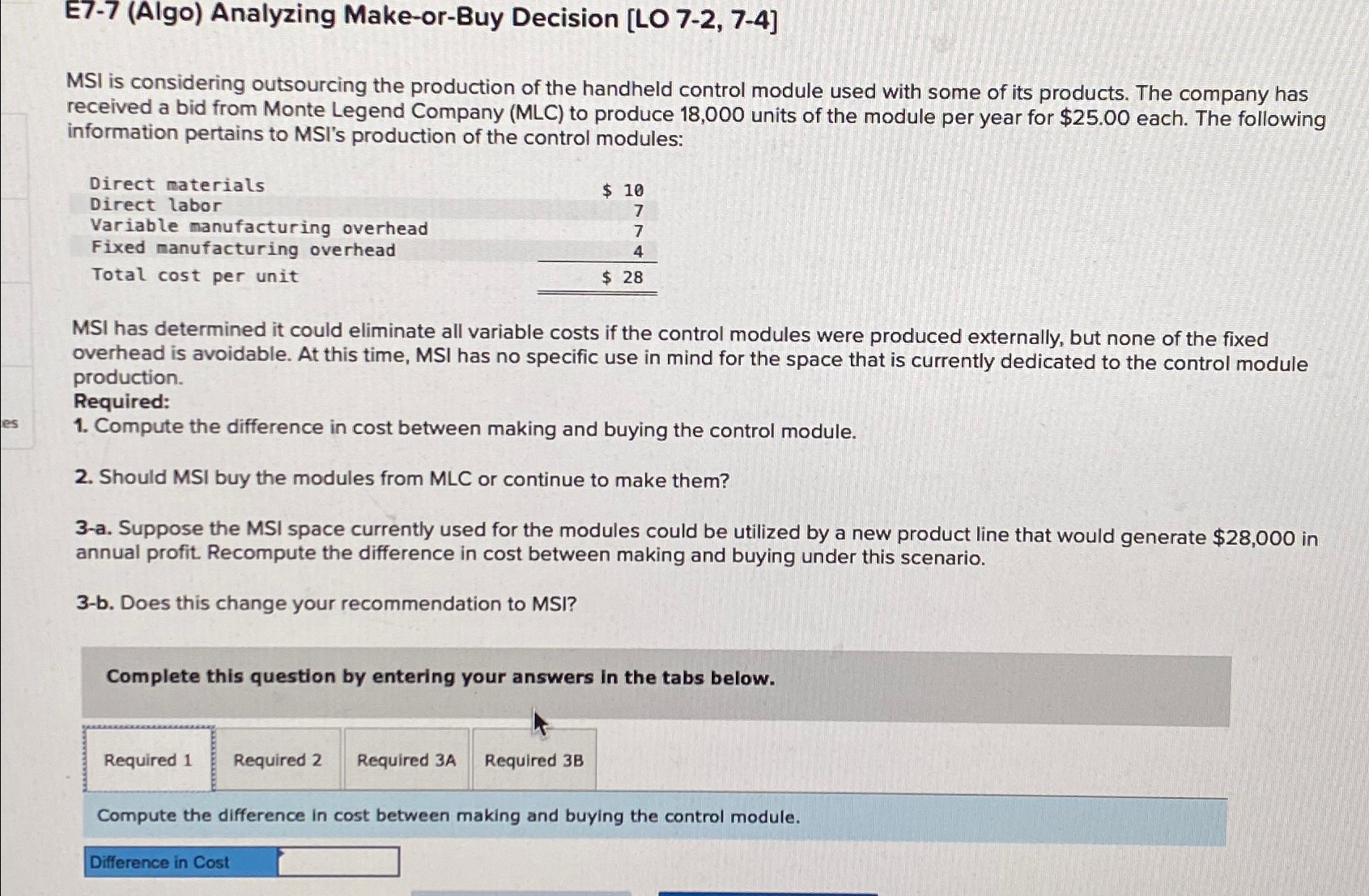  E7-7(Algo) Analyzing Make-or-Buy Decision [L07-2,7-4] MSI is considering outsourcing the production