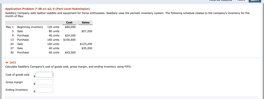  PRINIER VERSIUN DALA Application Problem 7-3B a1-a2, b (Part Level Submission)