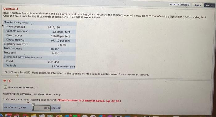  PRINTER VERSION BACK NEXT Question 4 Blue Mountain Products manufactures and