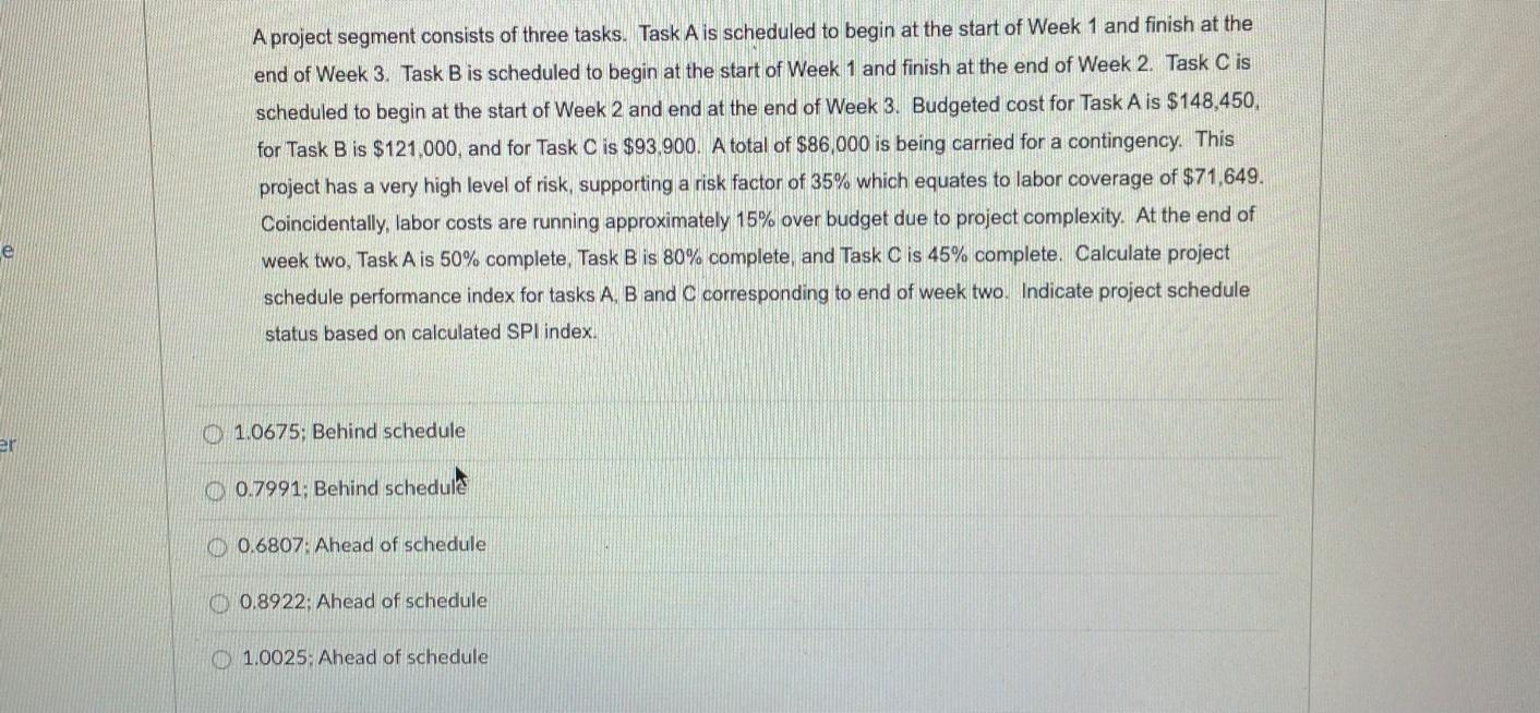  A project segment consists of three tasks. Task A is scheduled