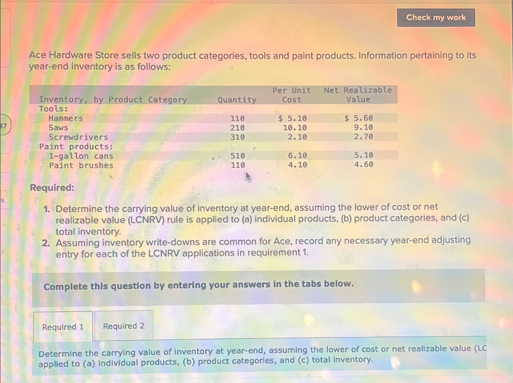  Check my work Ace Hardware Store sells two product categories, tools