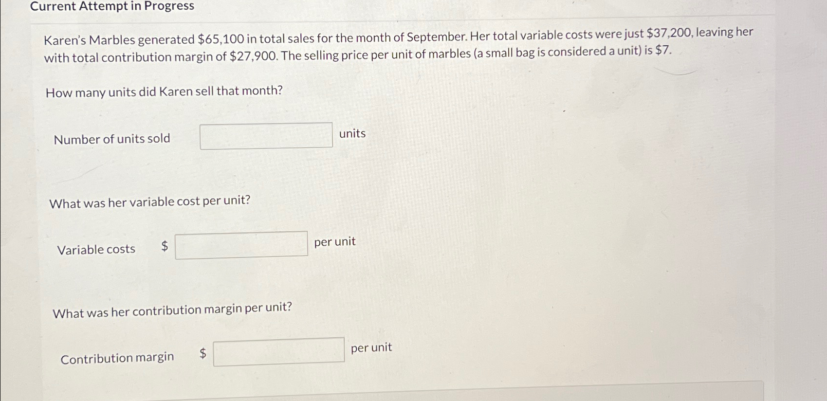 Current Attempt in Progress\ Karen's Marbles generated $65,100 in total sales