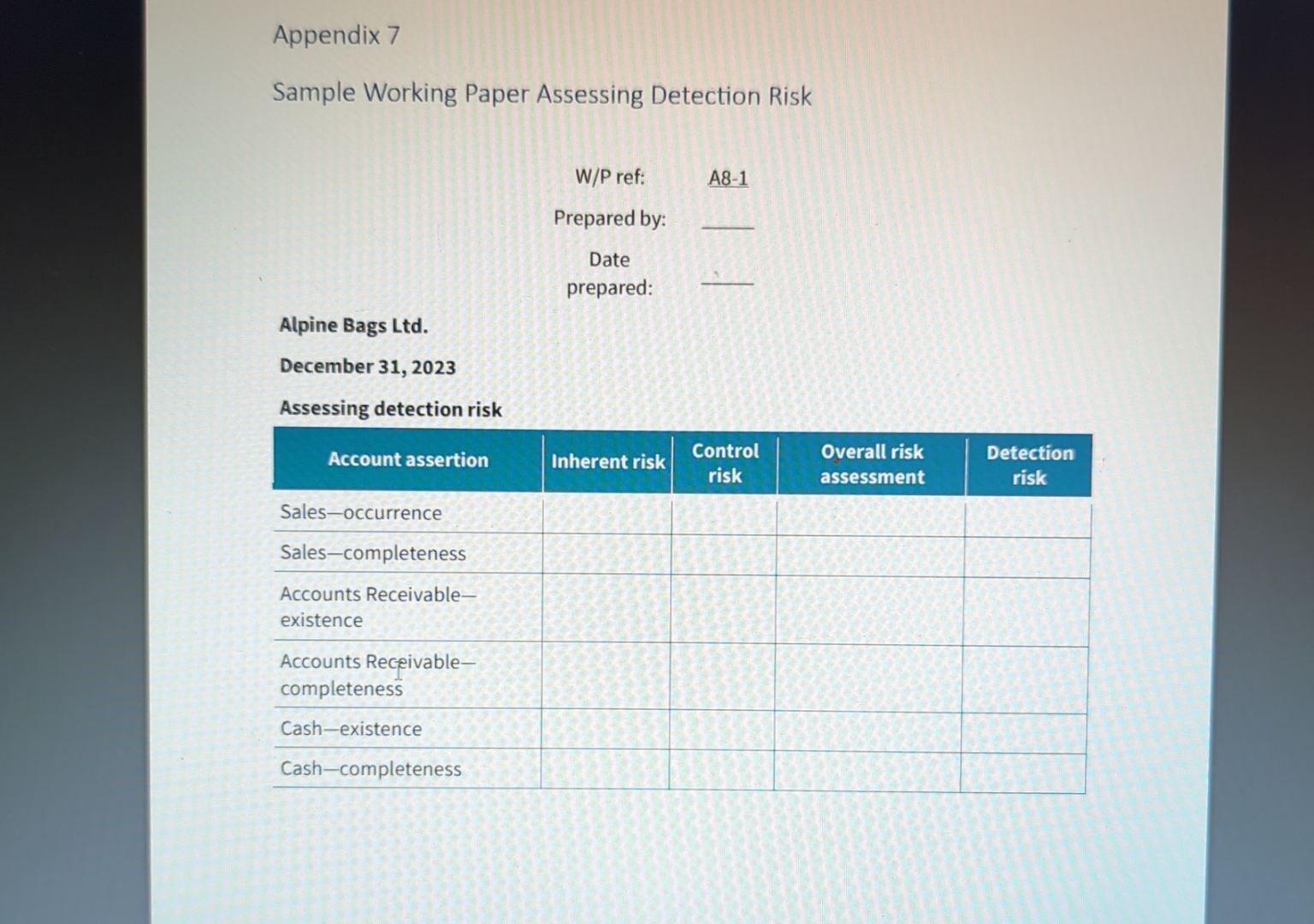  Appendix 7\ Sample Working Paper Assessing Detection Risk\ W/P ref: ,