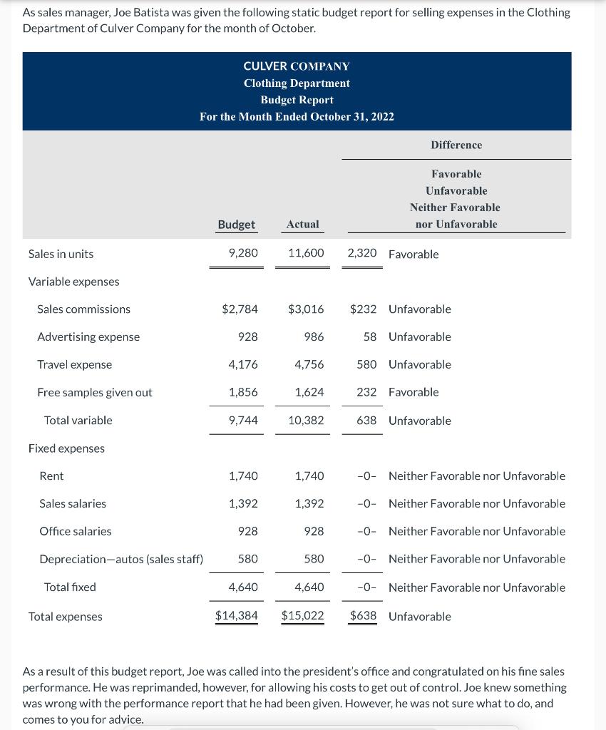 Please help As sales manager, Joe Batista was given the following static