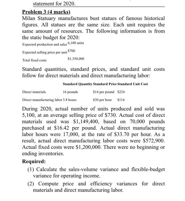  statement for 2020. Problem 3 (4 marks) Milan Statuary manufactures bust