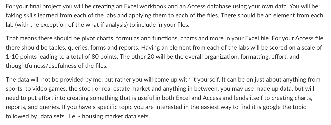  For your final project you will be creating an Excel workbook