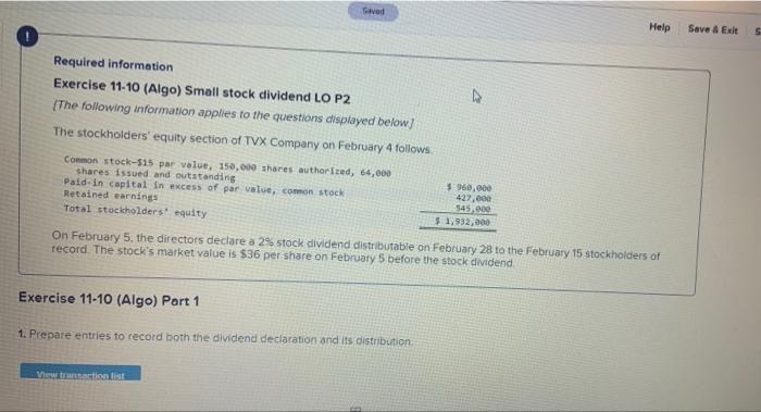 Savod Help Save & Exit S Required information Exercise 11-10 (Algo)