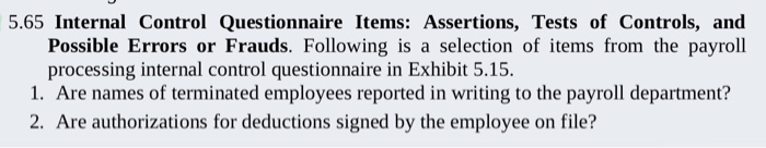  5.65 Internal Control Questionnaire Items: Assertions, Tests of Controls, and Possible