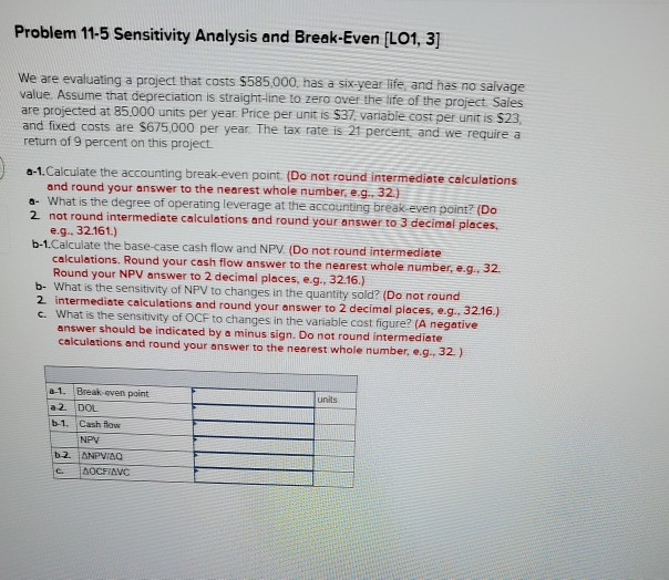  Problem 11-5 Sensitivity Analysis and Break-Even [LO1, 3] We are evaluating
