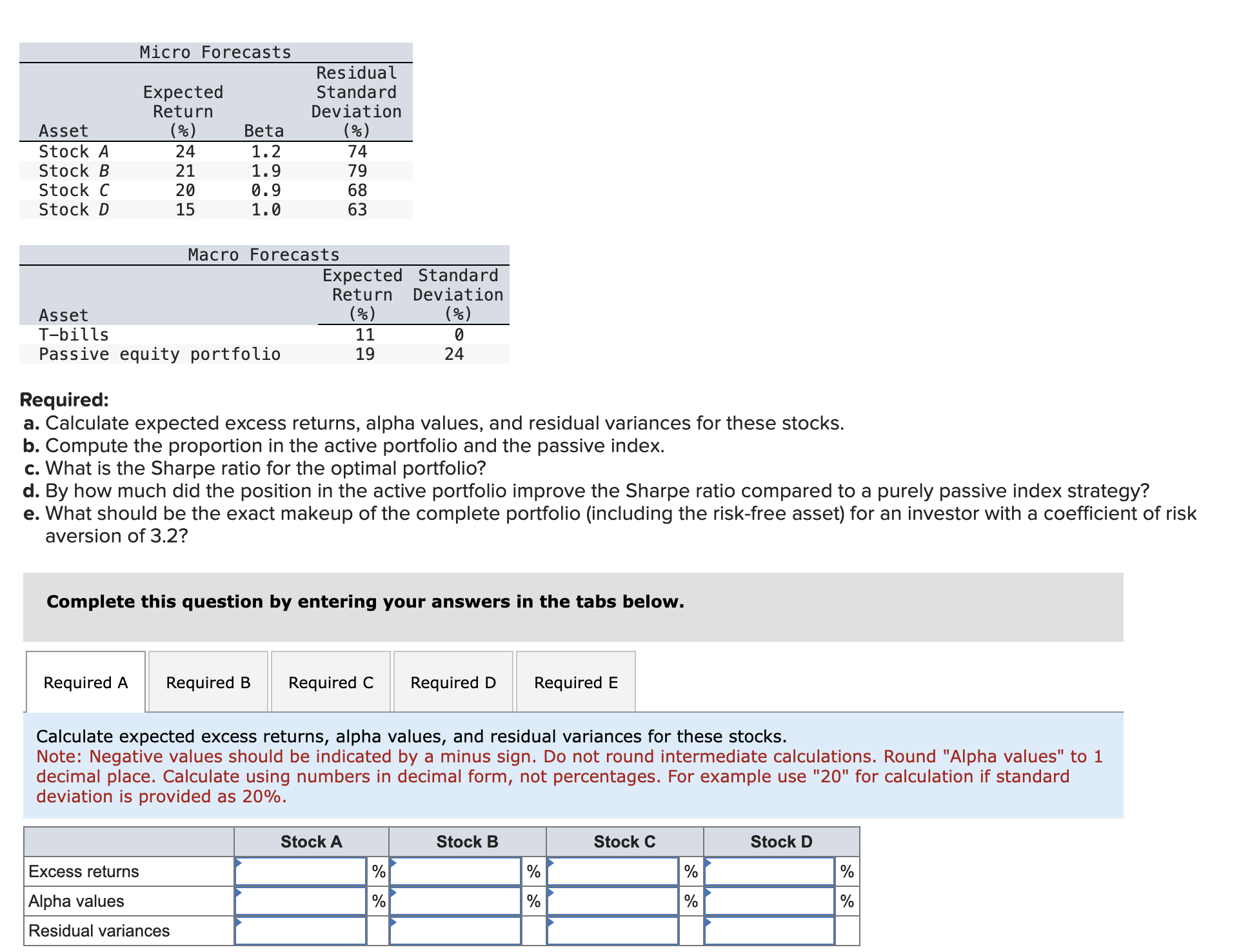 Required: a. Calculate expected excess returns, alpha values, and residual variances