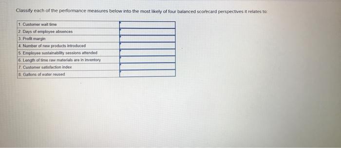  Classify each of the performance measures below into the most likely