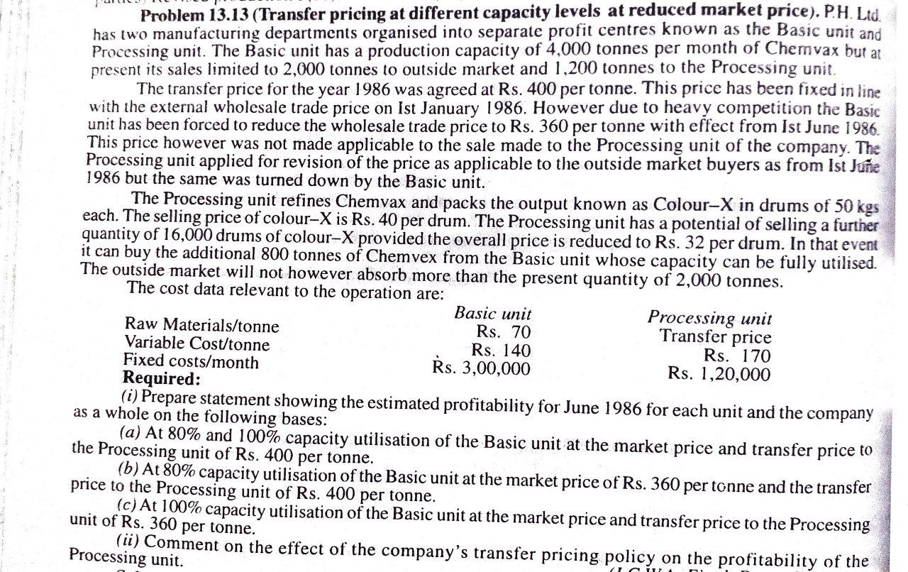  Problem 13.13 (Transfer pricing at different capacity levels at reduced market