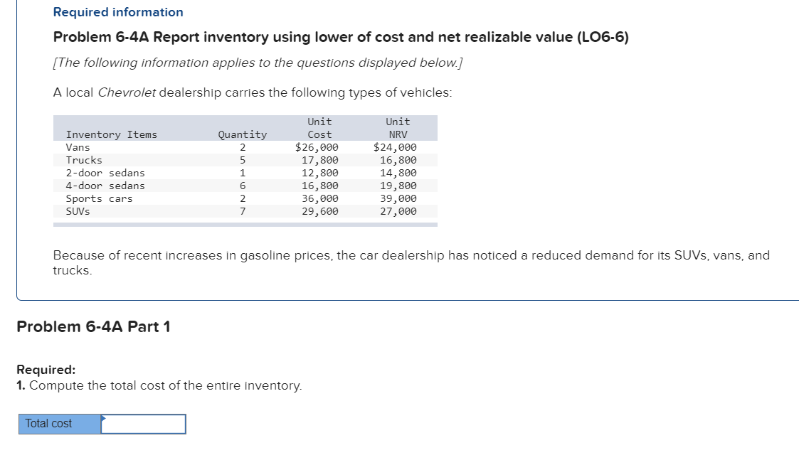  Required information Problem 6-4A Report inventory using lower of cost and