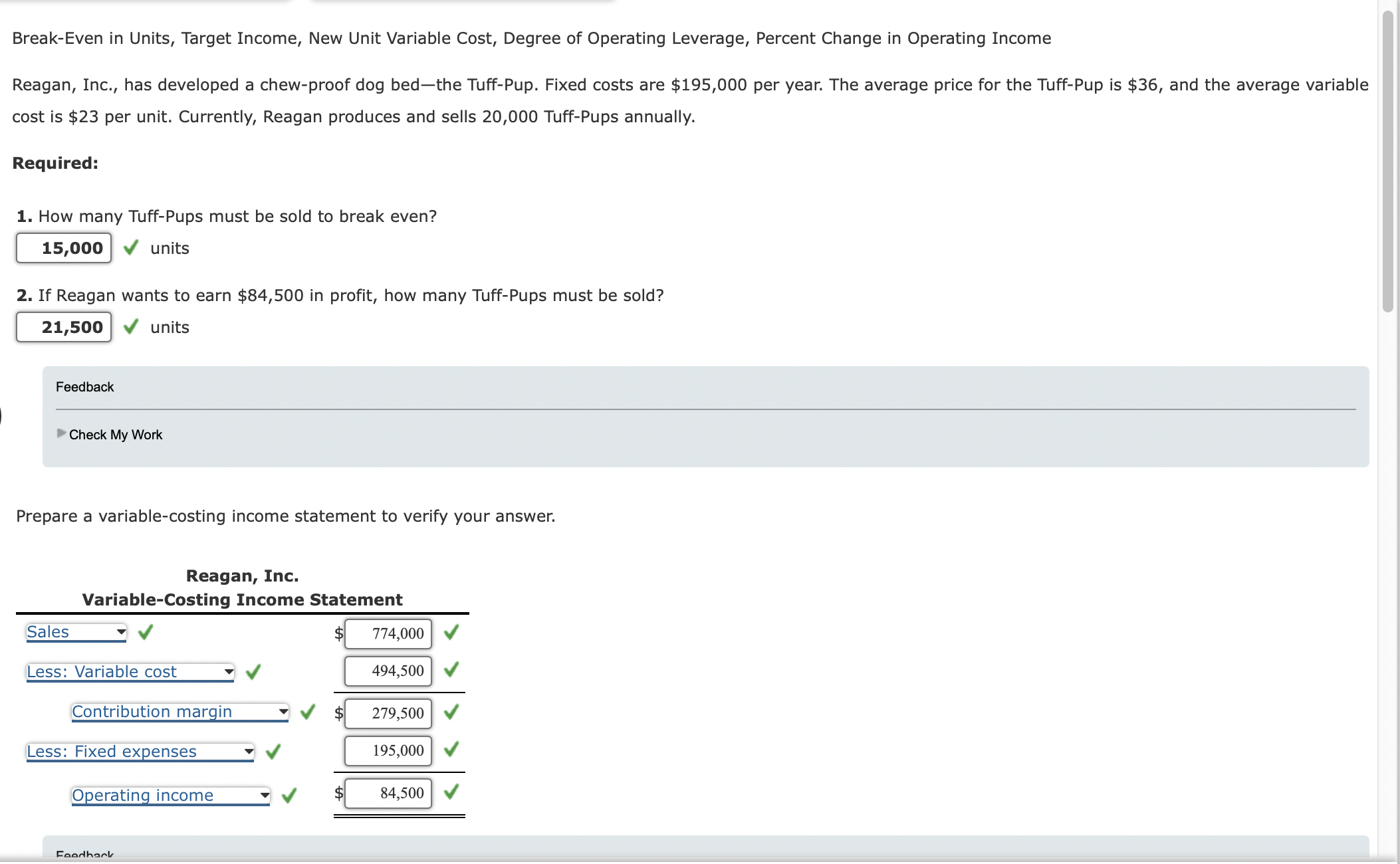  Break-Even in Units, Target Income, New Unit Variable Cost, Degree of