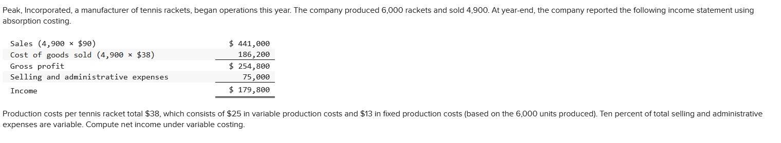 absorption costing. Sales (4,900 x $90) Cost of goods sold (4, 900