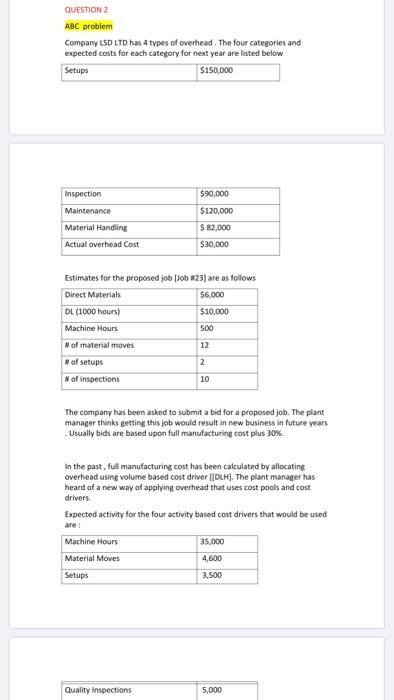  QUESTION 2 ABC problem Company LSD LTD has 4 types of