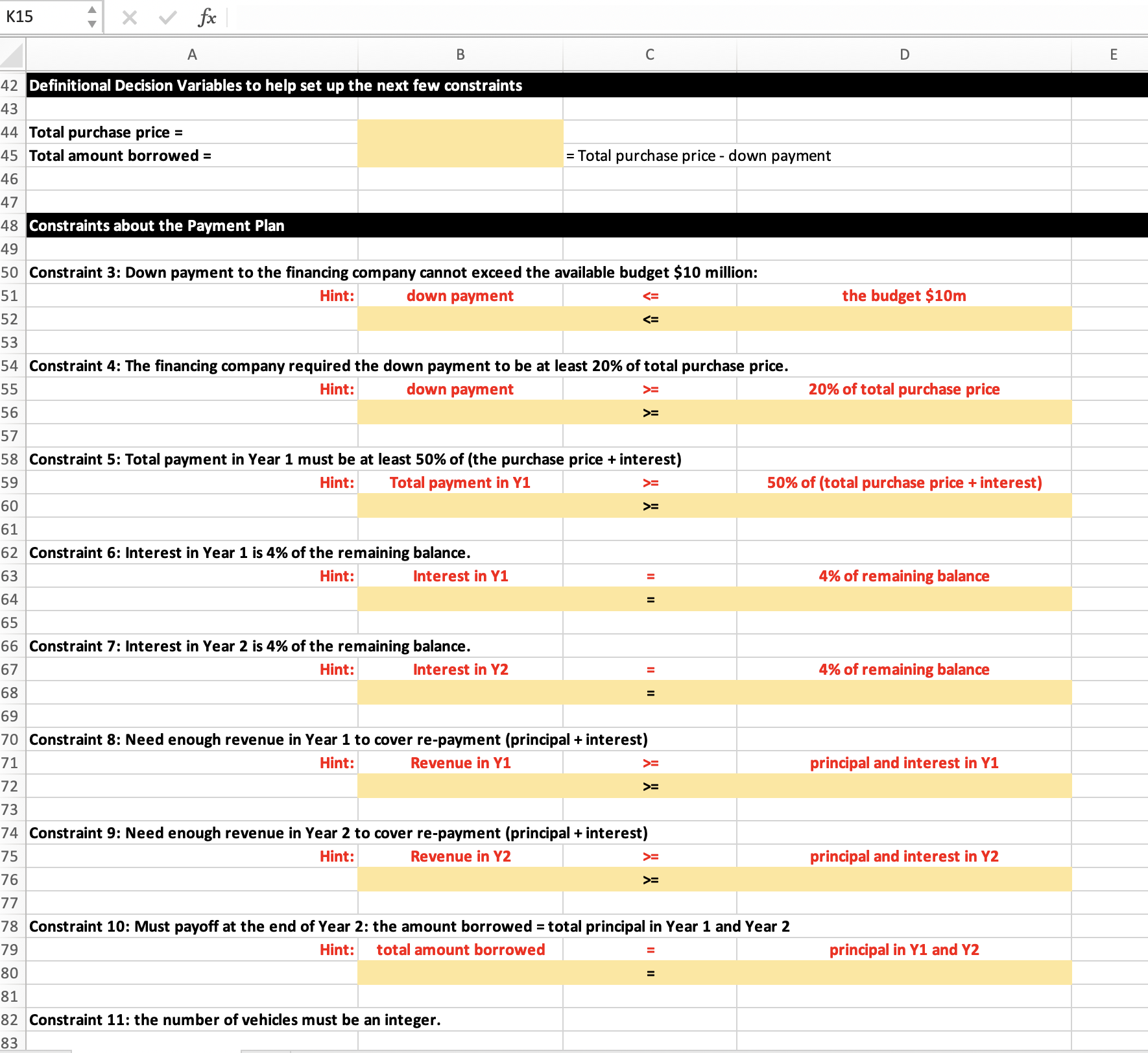 the amount of the down payment, the amount of payment in Year