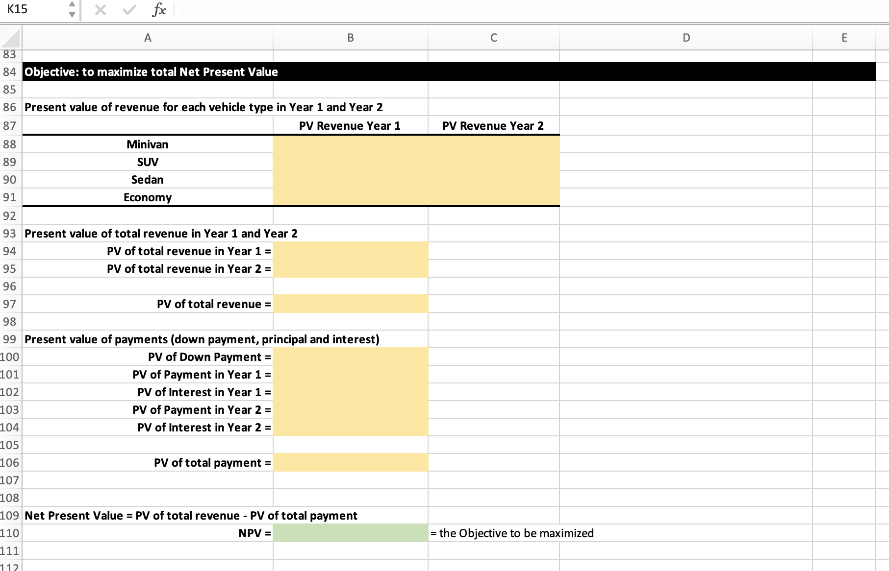 1 and Year 2, and the amount of interest in Year 1