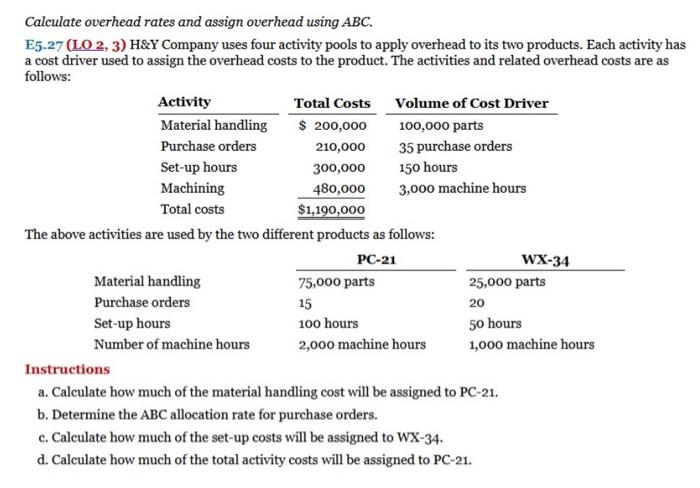 Calculate overhead rates and assign overhead using ABC. E5-27 (LO 2,
