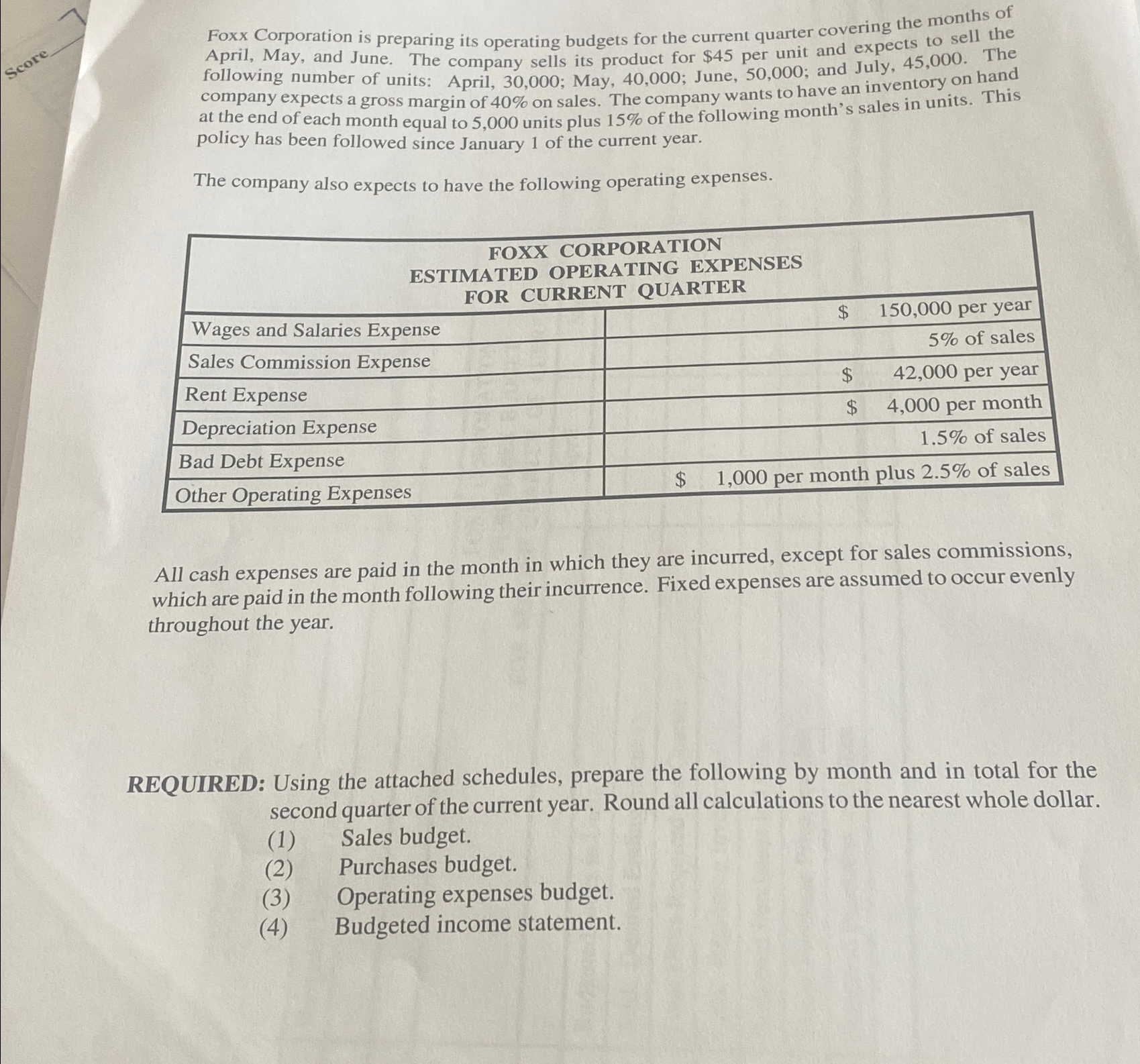  Foxx Corporation is preparing its operating budgets for the current quarter