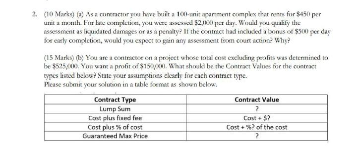  2. (10 Marks) (a) As a contractor you have built a