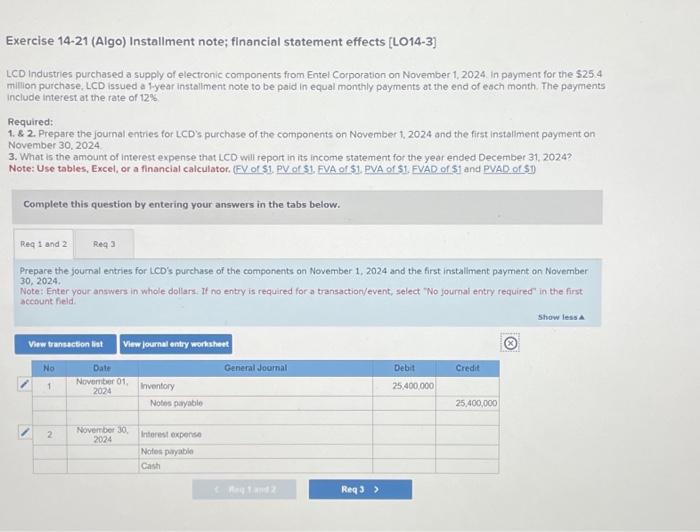  Exercise 14-21 (Algo) Instaliment note; financial statement effects [LO14-3] LCD Industries