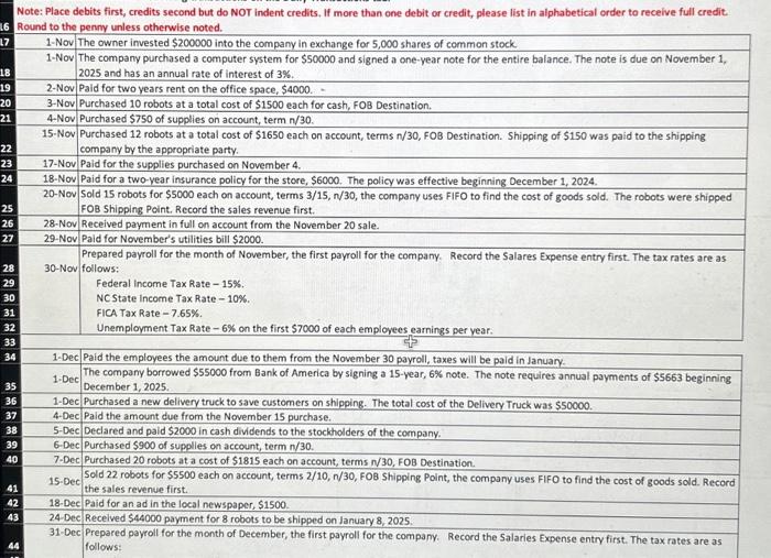  Note: Place debits first, credits second but do NOT indent credits.