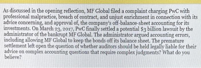  As discussed in the opening reflection, MF Global filed a complaint