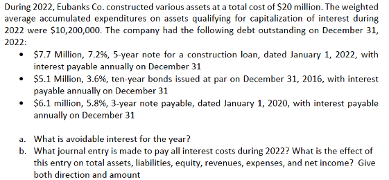 During 2022, Eubanks Co. constructed various assets at a total cost