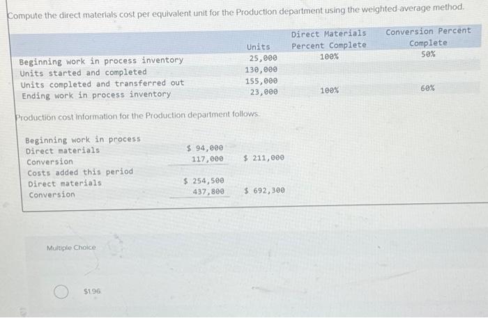  Compute the direct materials cost per equivalent unit for the Production
