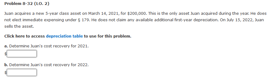  Problem 8-32 (LO. 2) Juan acquires a new 5-year class asset